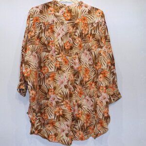 NWT Lands End Womens Size 2X Shirt Linen Tunic Long Sleeve Button Down Tropical